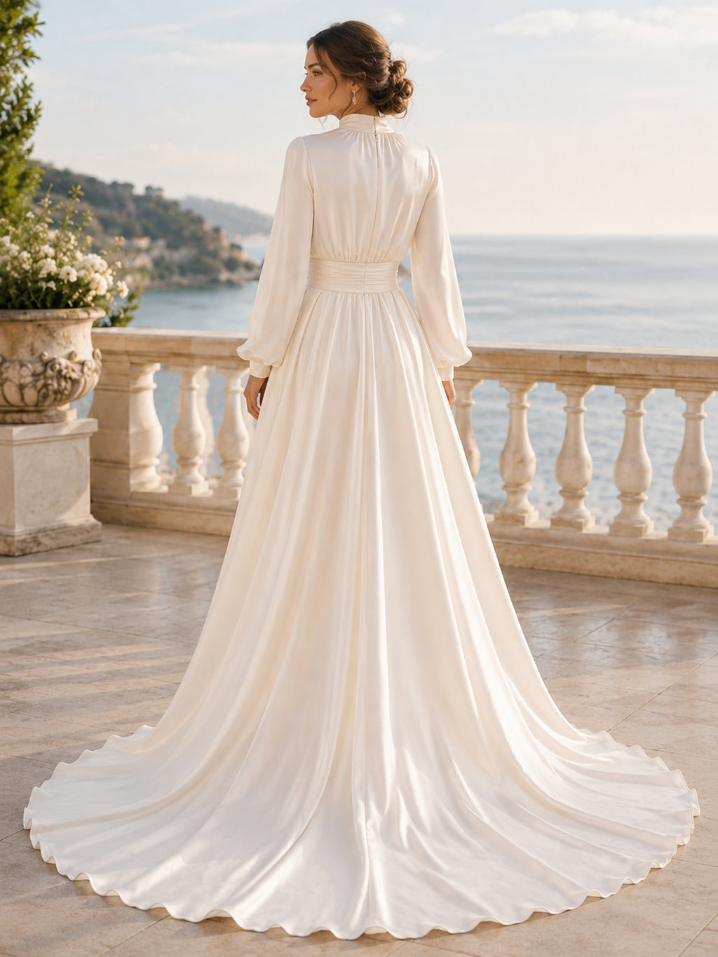 Beach Chiffon Wedding Dress A-Line High Neck Long Sleeve Sweep Train Bridal Gown back view