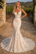 Ivory Spaghetti Lace Mermaid Wedding Dress Chapel Train for Wedding Ceremony and Reception Style MG_701425 front view