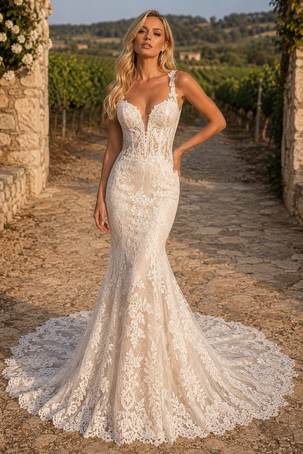 Ivory Spaghetti Lace Mermaid Wedding Dress Chapel Train for Wedding Ceremony and Reception Style MG_701425 front view