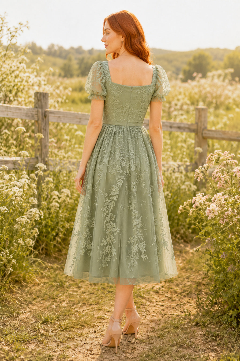 Sage Square Neck Lace Embroidered Dress with Puff Sleeves Tea Length A-Line Homecoming Dress back view