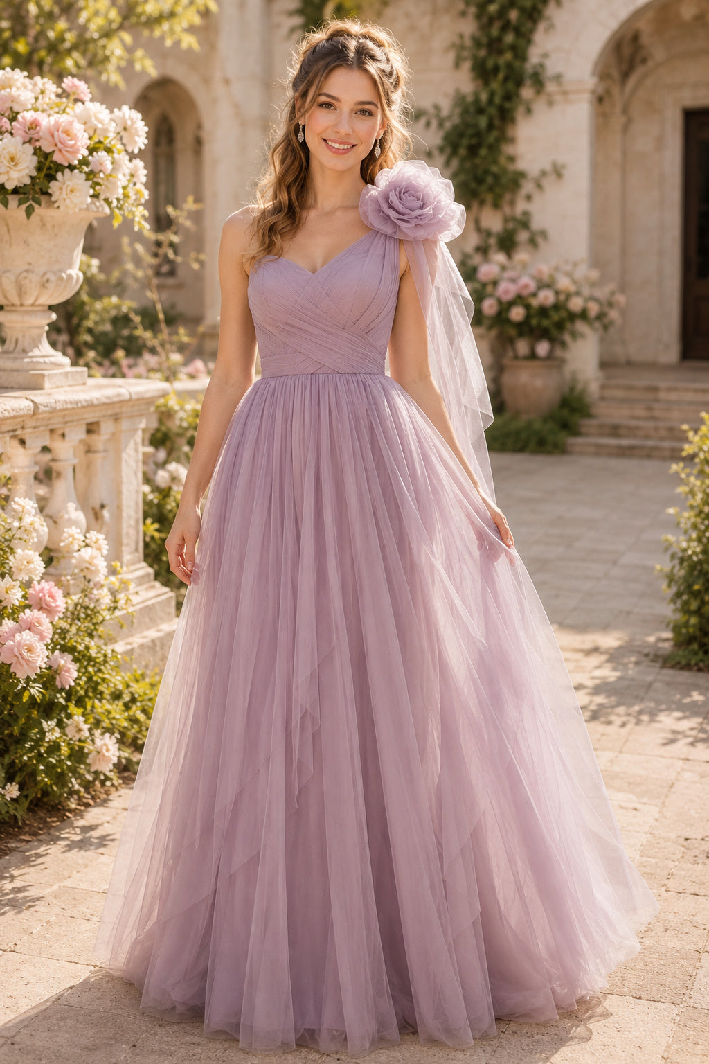 Rosette Shoulder Prom Dress Lavender Tulle A-Line One Shoulder Floor Length front view