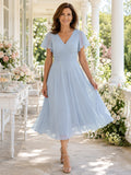Light blue V neck flutter sleeve chiffon tea length mother dress front view