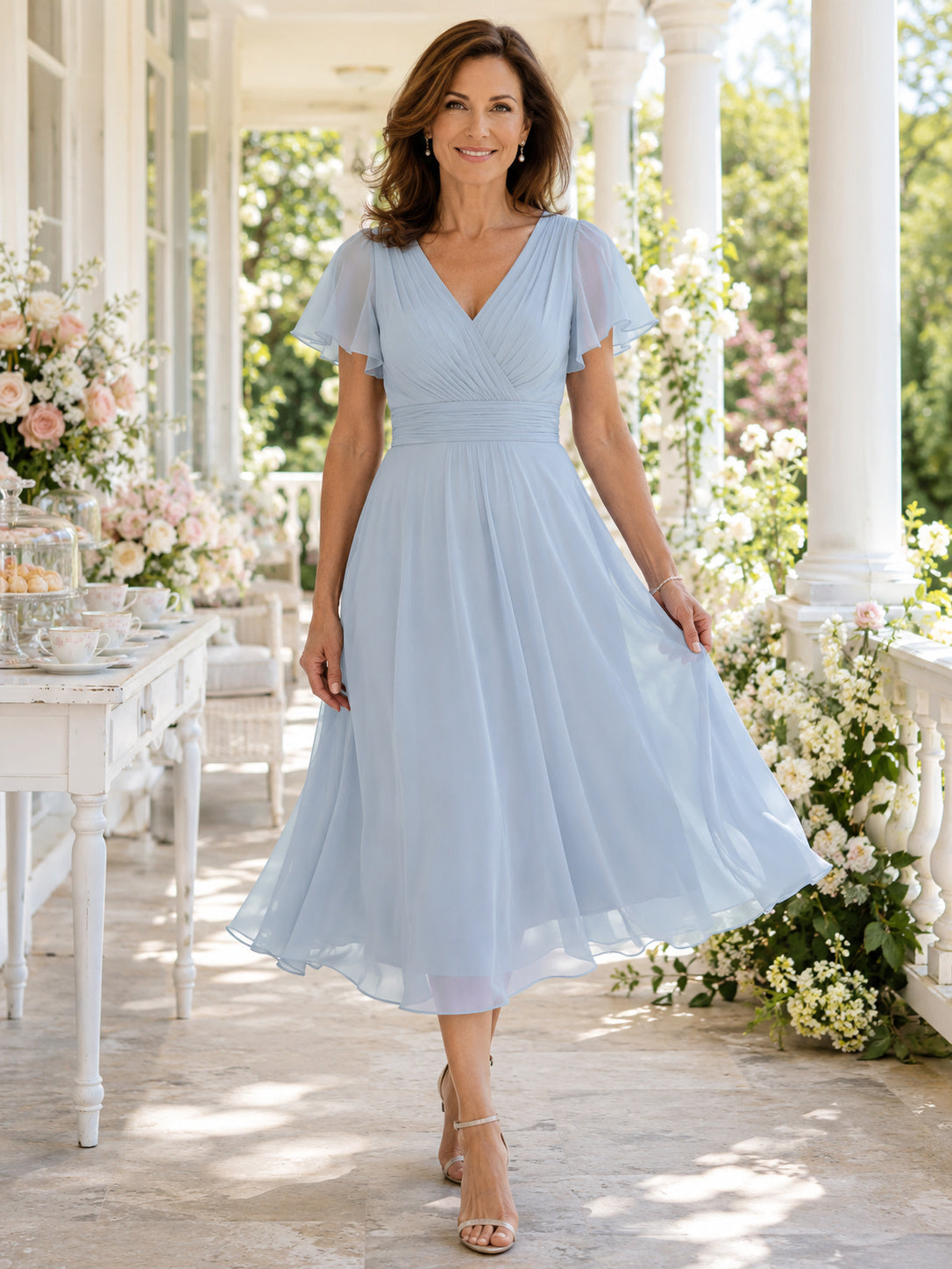 Light blue V neck flutter sleeve chiffon tea length mother dress front view