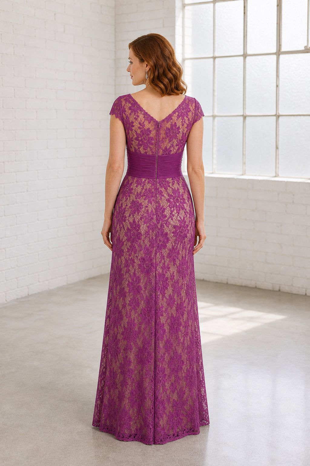Fuchsia Bateau Cap Sleeve Sheath Lace Floor-Length Dress With V-back