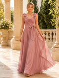 Dusty Rose Chiffon Tie Shoulder A-Line Evening Gown front view