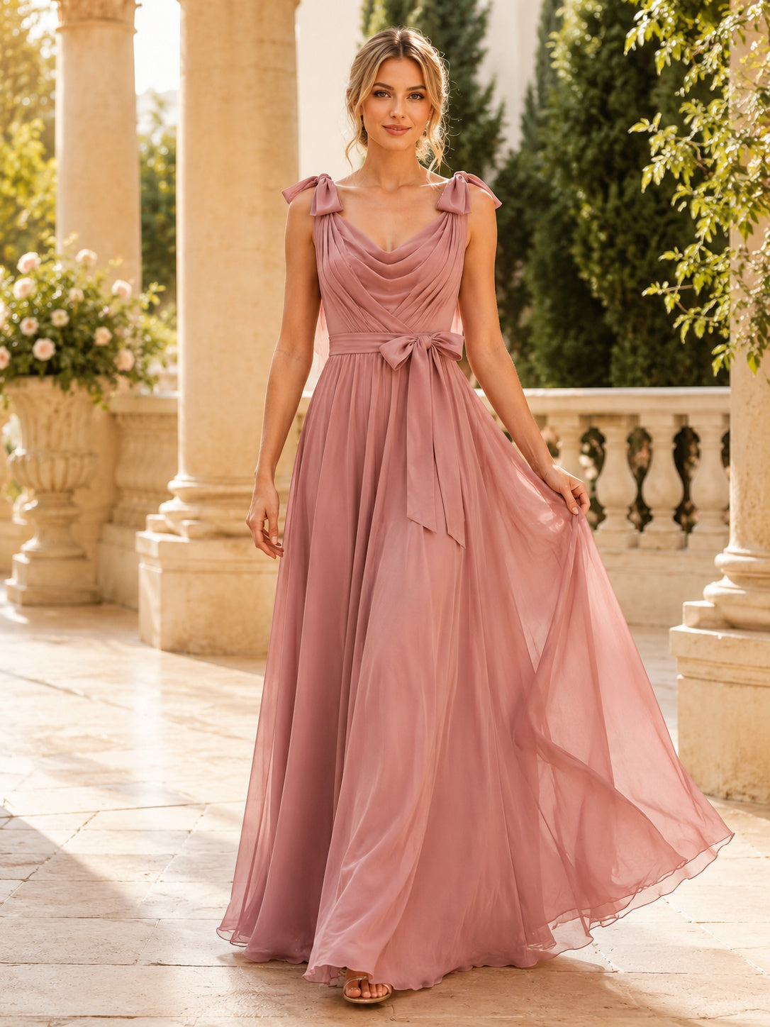 Dusty Rose Chiffon Tie Shoulder A-Line Evening Gown front view