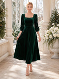 Emerald Green Velvet Square Neck Long Sleeve Tea Length A Line Winter Dress front view