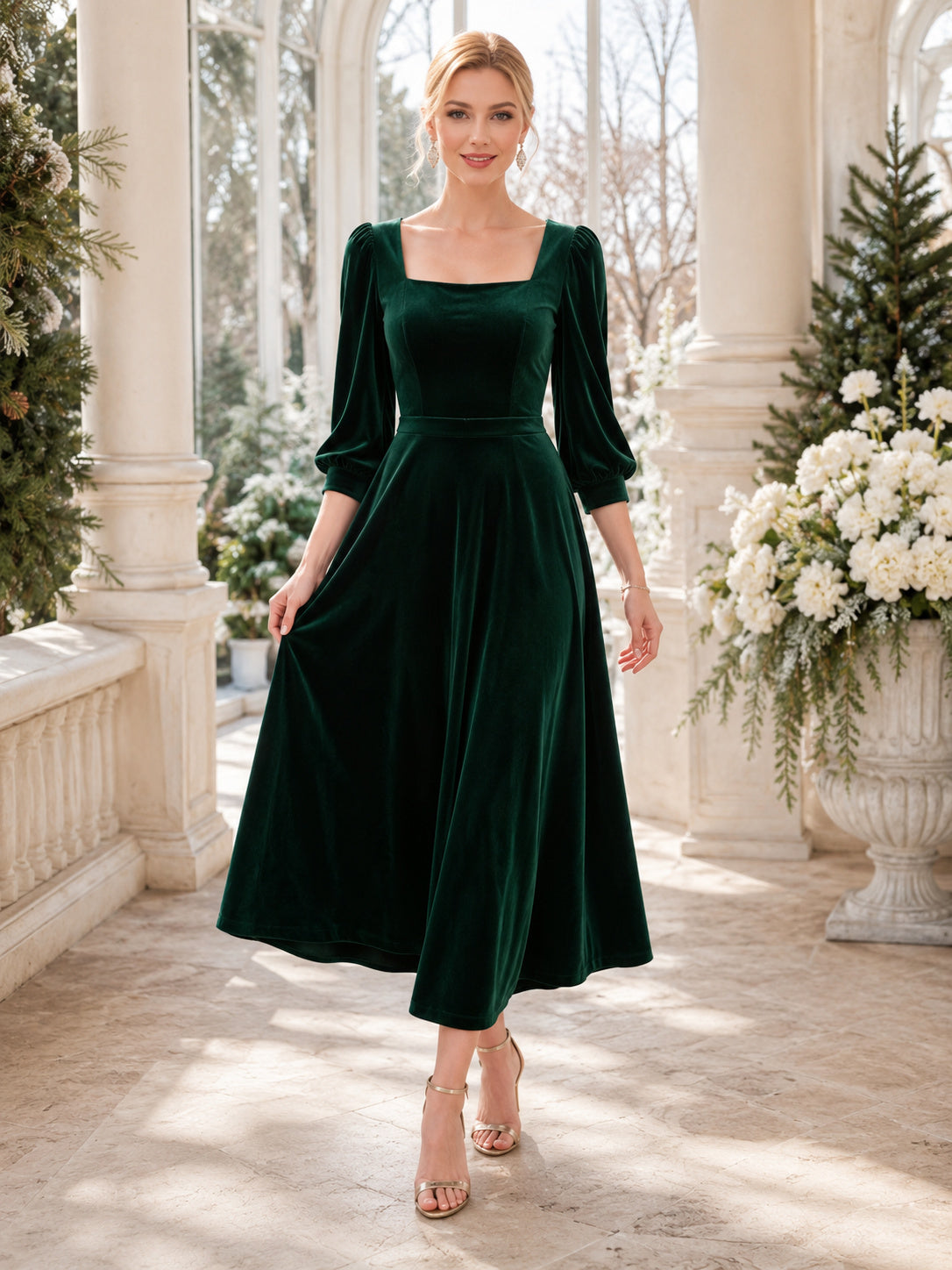 Emerald Green Velvet Square Neck Long Sleeve Tea Length A Line Winter Dress front view