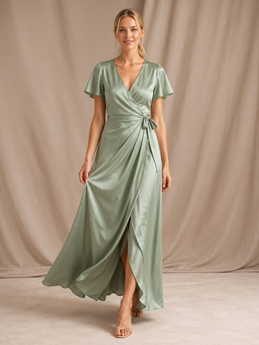 Sage Satin V Neck Wrap Flutter Sleeve Gown front view