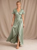 Sage Satin V Neck Wrap Flutter Sleeve Gown front view