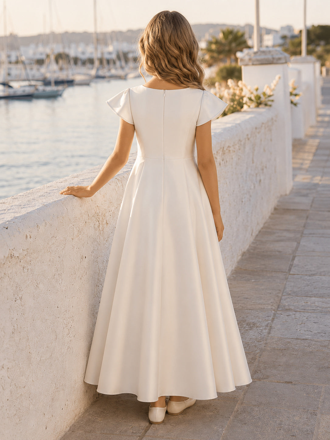 Flower Girl Dress Ivory Satin A-Line Cap Sleeve Jewel Neck Ankle Length Bow Back back view