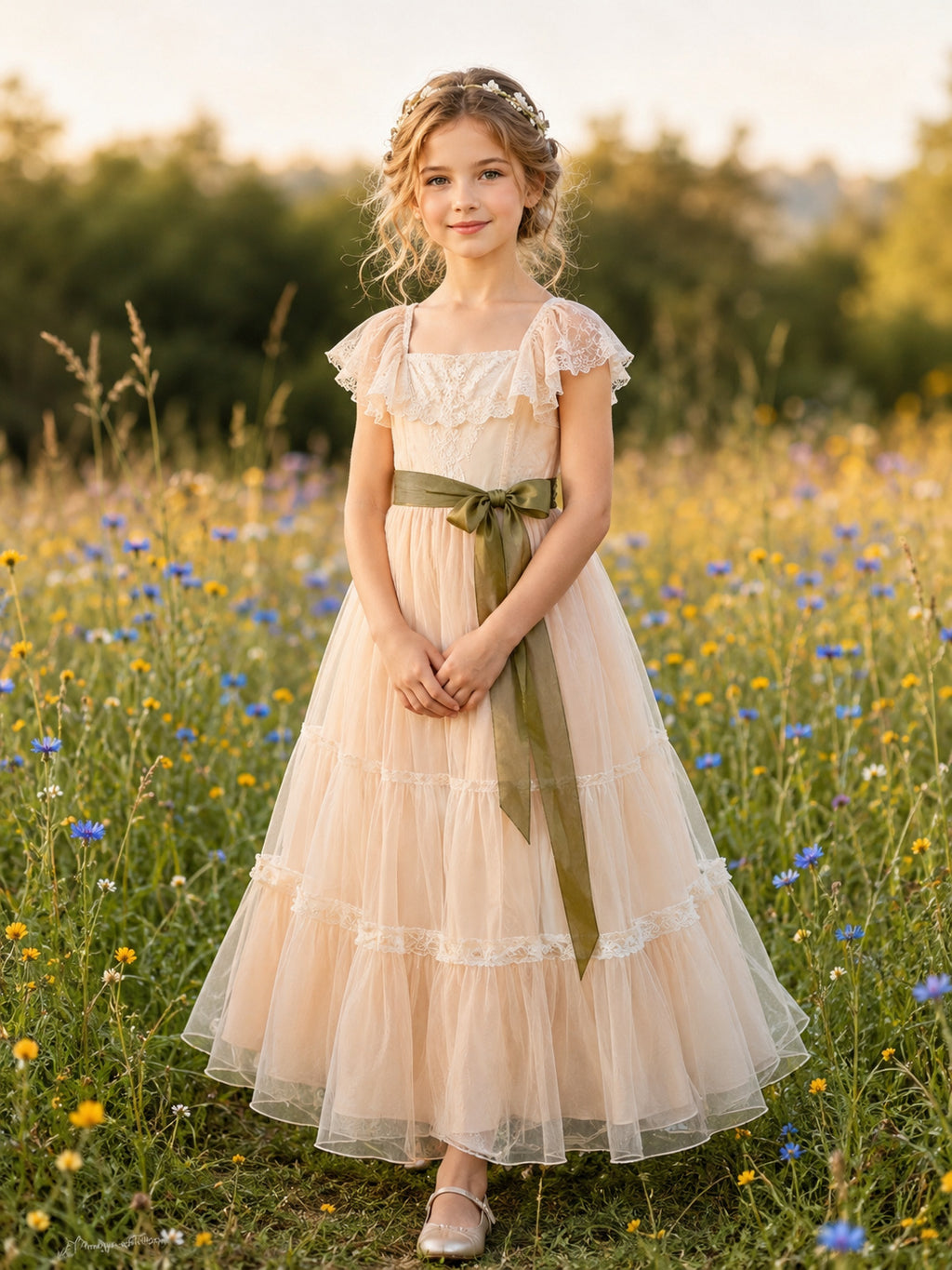 Champagne Tiered Tulle A-Line Flower Girl Dress with Scoop Neck, Cap Sleeves, and Tea-length Skirt front view