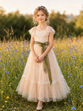 Champagne Tiered Tulle A-Line Flower Girl Dress with Scoop Neck, Cap Sleeves, and Tea-length Skirt front view