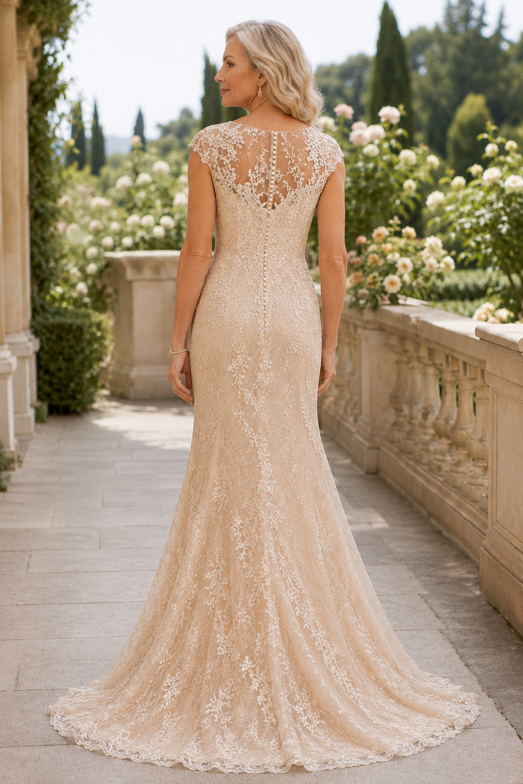 Champagne Lace Mermaid Mother Dress with Cap Sleeves Illusion Neckline and Sweep Train back view