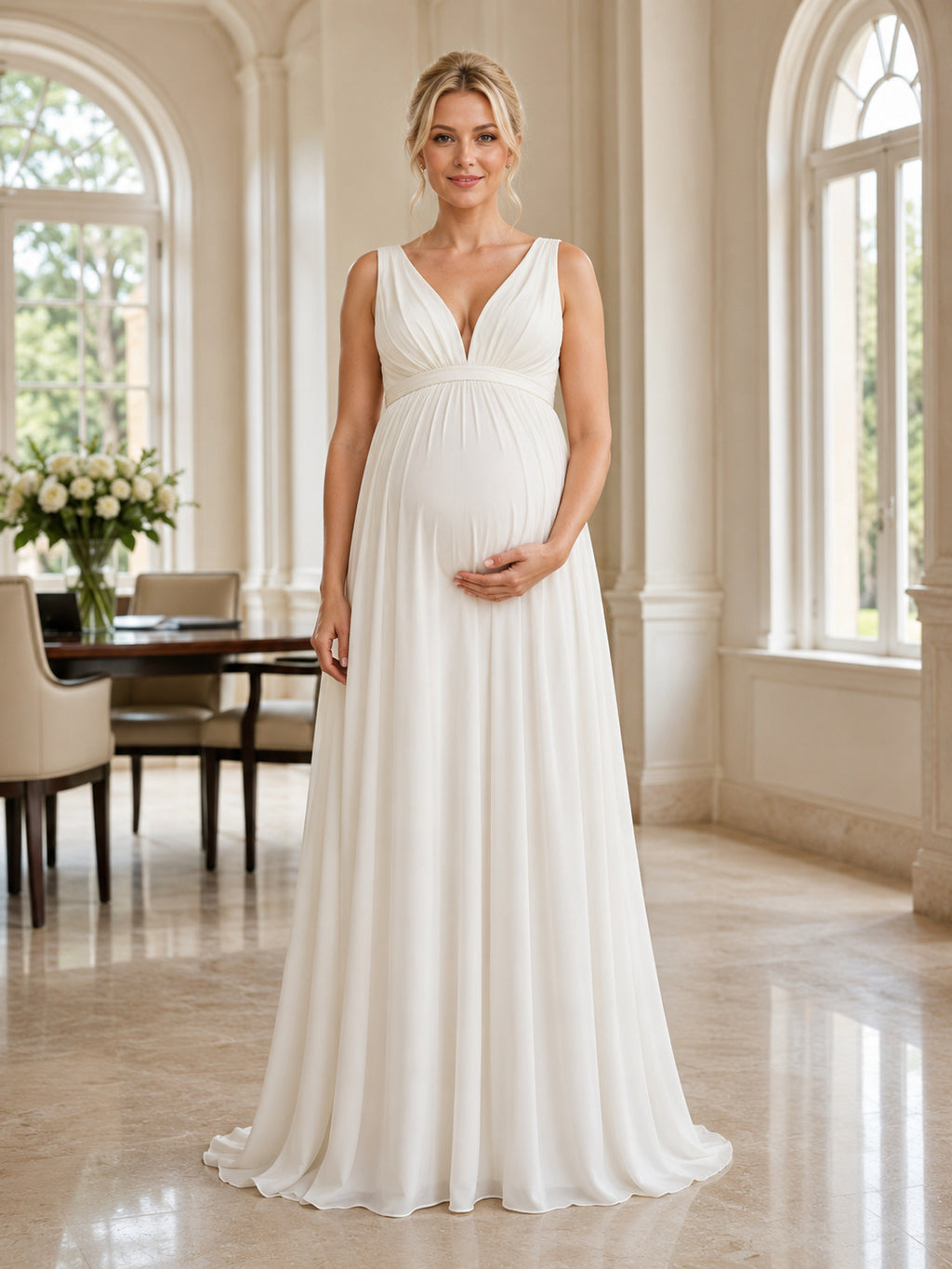 Maternity V Neck Sleeveless Chiffon Empire A-Line Floor Civil Wedding Dress front view