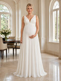Maternity V Neck Sleeveless Chiffon Empire A-Line Floor Civil Wedding Dress front view