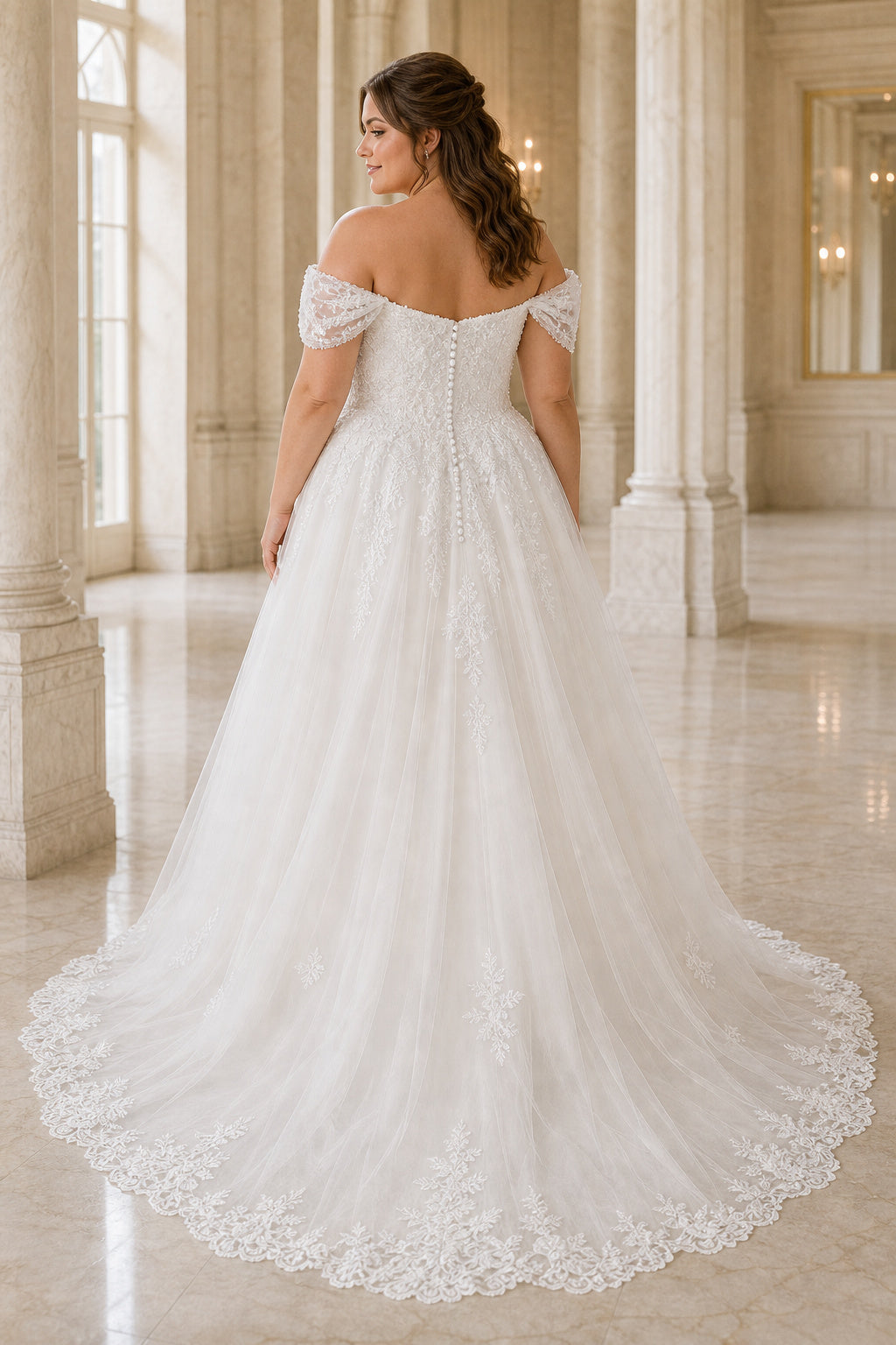 Champagne Off-the-shoulder Flutter Sleeves A-Line Lace Floor-length Wedding Dress With Lace and Pleated Skirt and Open Back
