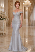 Silver Off Shoulder Mermaid Mother Dress with Beaded Bodice and Satin Skirt front view