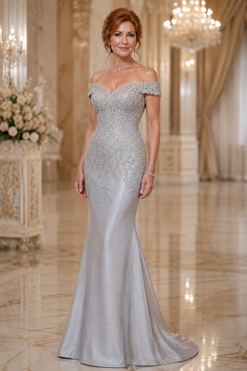 Silver Off Shoulder Mermaid Mother Dress with Beaded Bodice and Satin Skirt front view