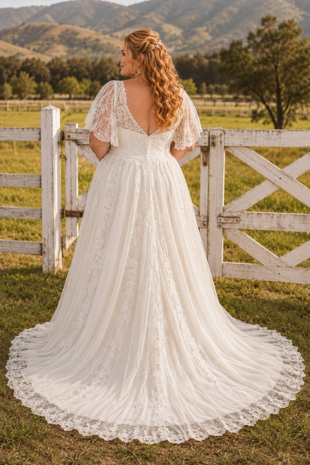 Plus Size Ivory V-Neck Flutter Sleeve Lace Tulle A-Line Wedding Dress with Flutter Sleeves and Soft Tulle Chapel Train back v