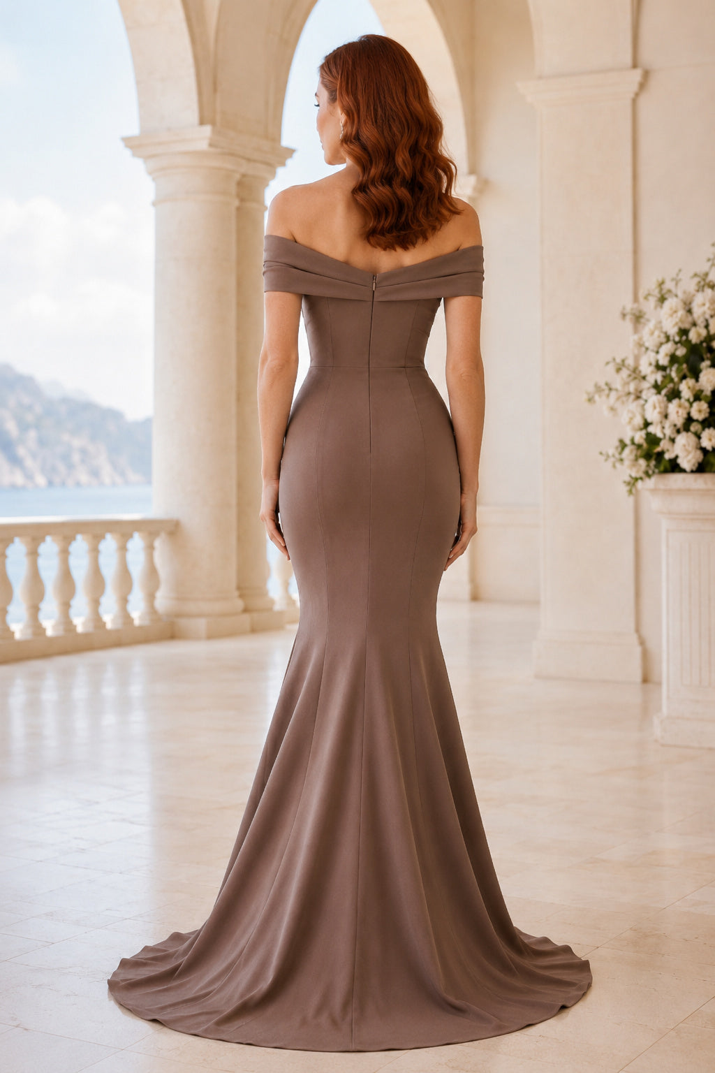 Taupe Off-the-Shoulder Mermaid Evening Dress with Ruched Bodice back view
