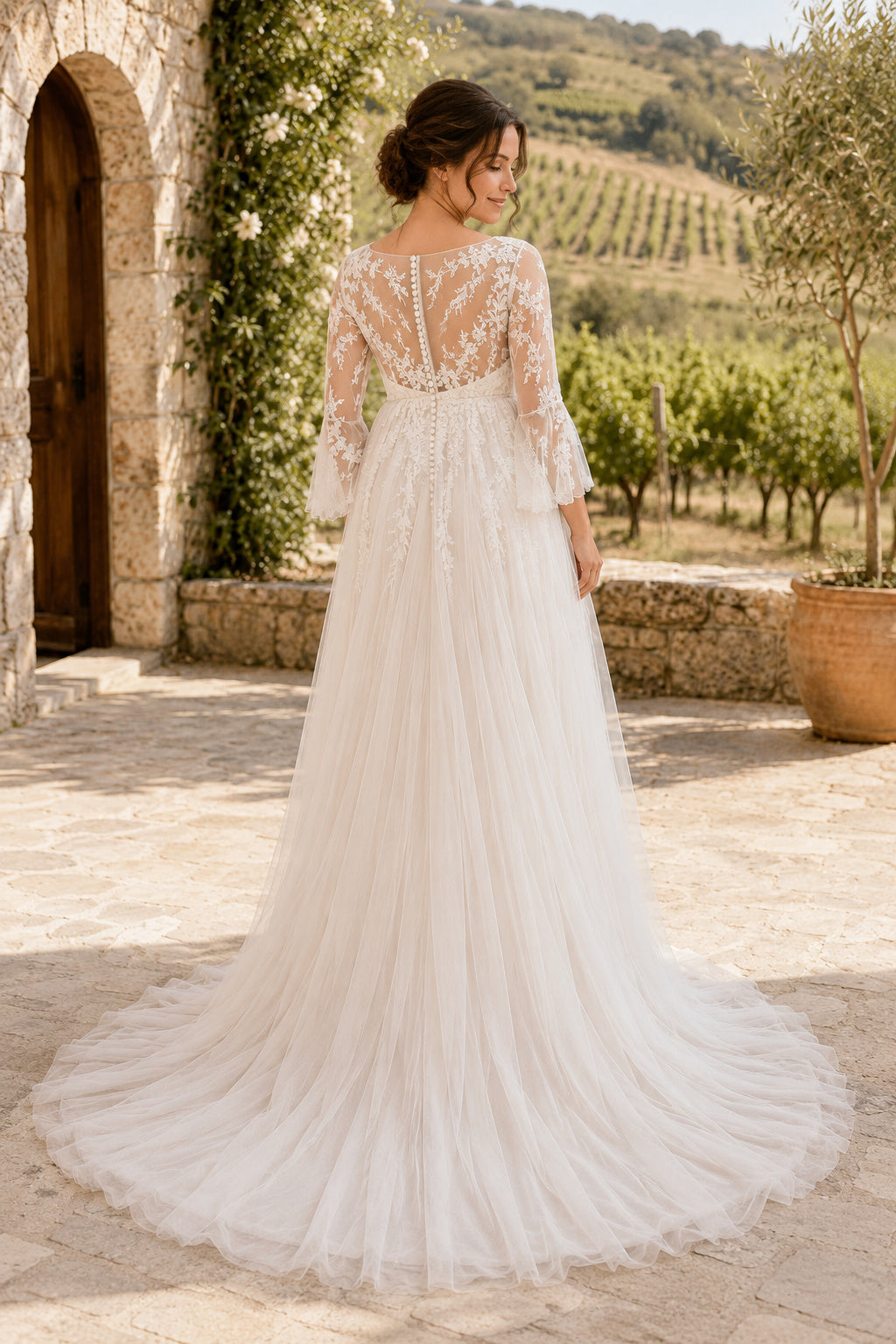 Ivory Maternity High Neck Long Sleeve Lace A-Line Wedding Dress with Sheer Bodice back view