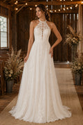 Ivory Halter Neck Lace A-Line Wedding Dress with Sleeveless Bodice and Soft Train front view