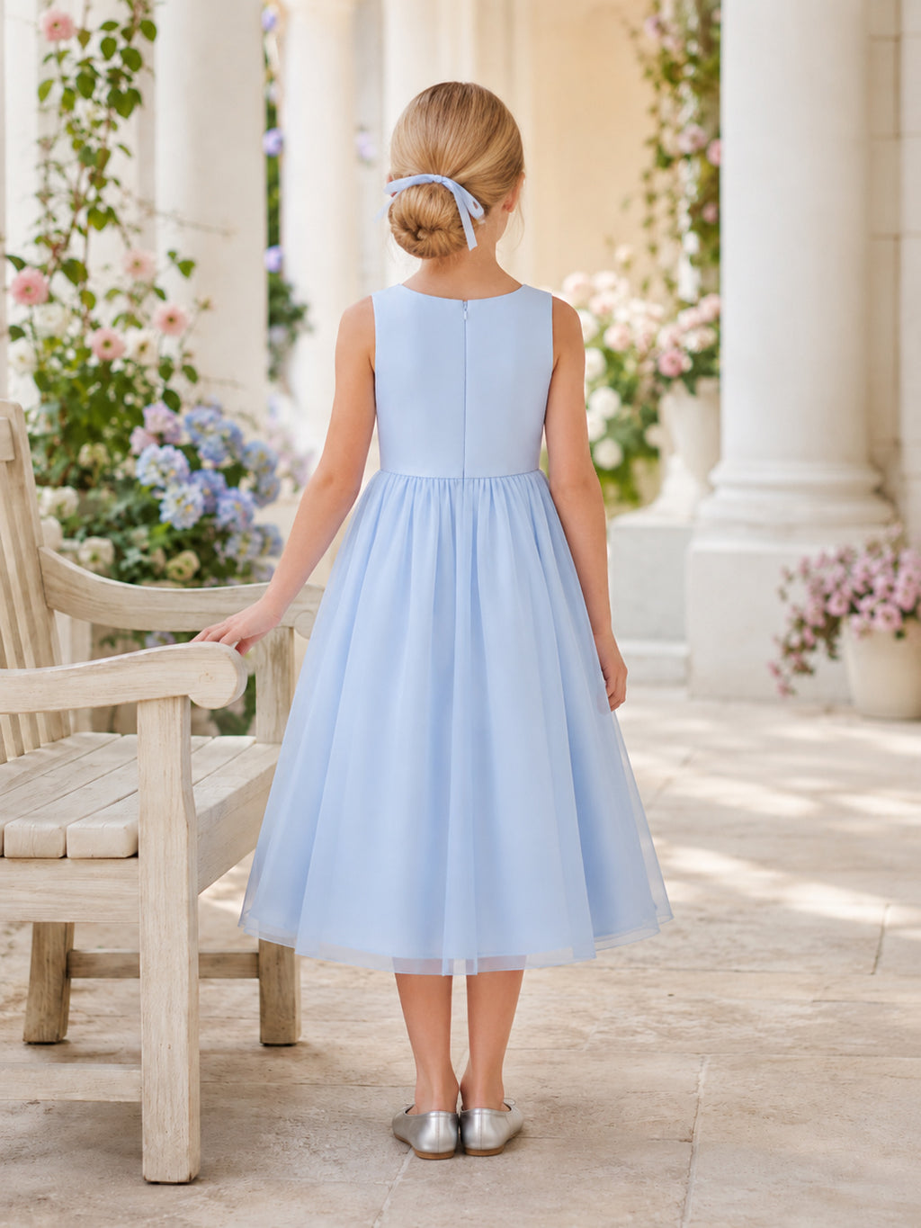 Flower Girl Dress A-Line Sky Blue Sensory Friendly Jersey Sleeveless Simple back view
