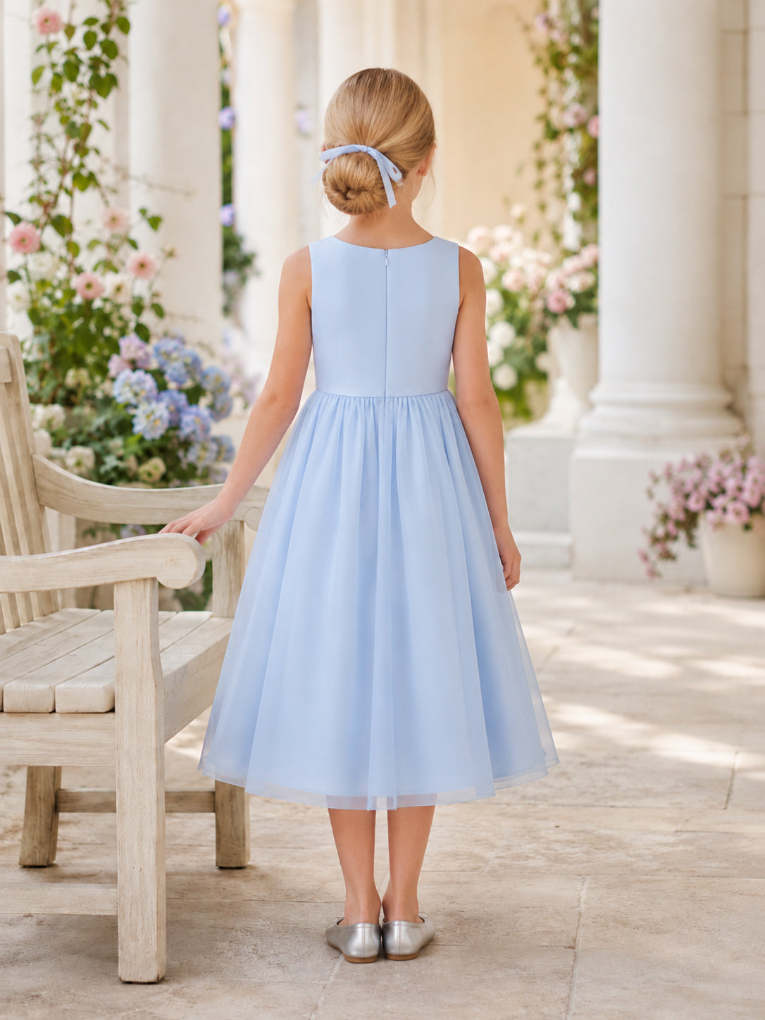 Flower Girl Dress A-Line Sky Blue Sensory Friendly Jersey Sleeveless Simple back view
