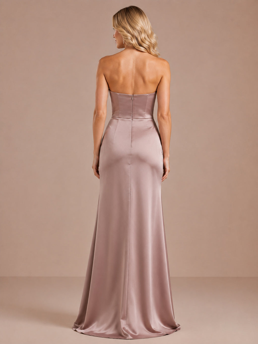 Champagne strapless satin ruched slit floor length sheath dress back view