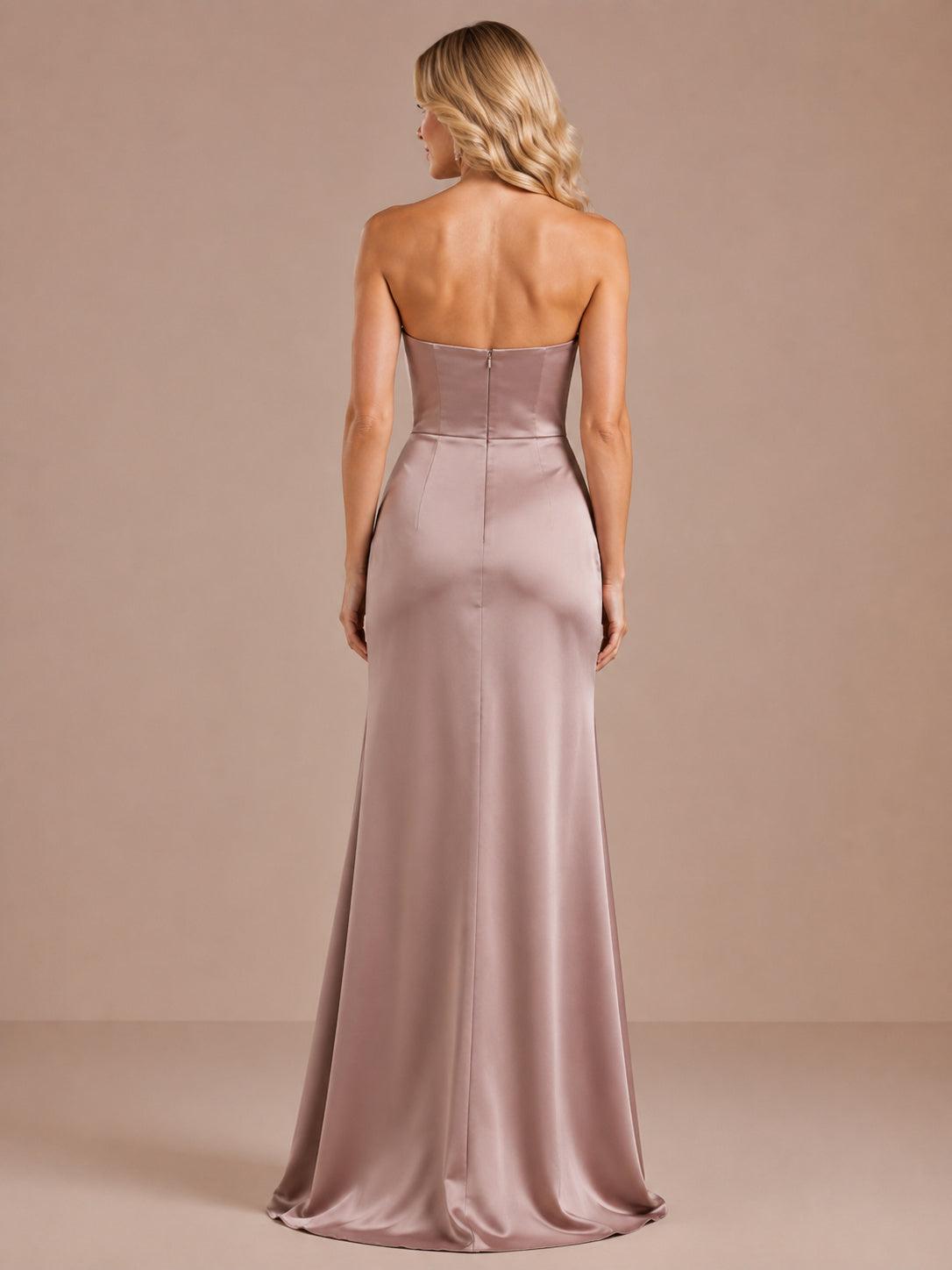 Champagne strapless satin ruched slit floor length sheath dress back view