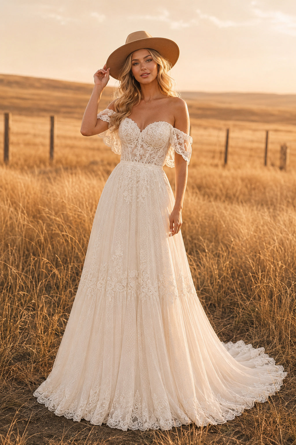 Off the Shoulder Sweetheart A-Line Wedding Dress with Lace Overlay and Sweep Train front view