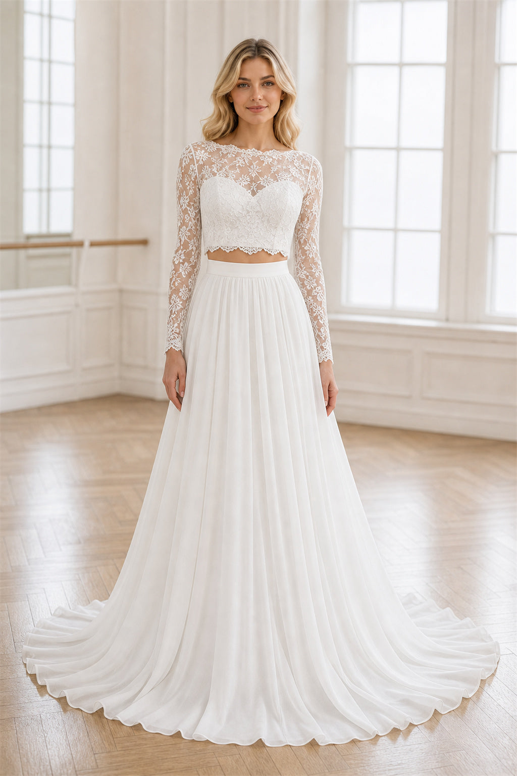 White Illusion Long Sleeves Two-Piece Chiffon, Lace Floor-length Wedding Dress With Lace and Two-Piece and Open Back