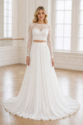 White Illusion Long Sleeves Two-Piece Chiffon, Lace Floor-length Wedding Dress With Lace and Two-Piece and Open Back