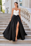 Black White Bodice Black Satin Ball Gown with Side Slit Floor Length Ball Gown Prom Dress front view
