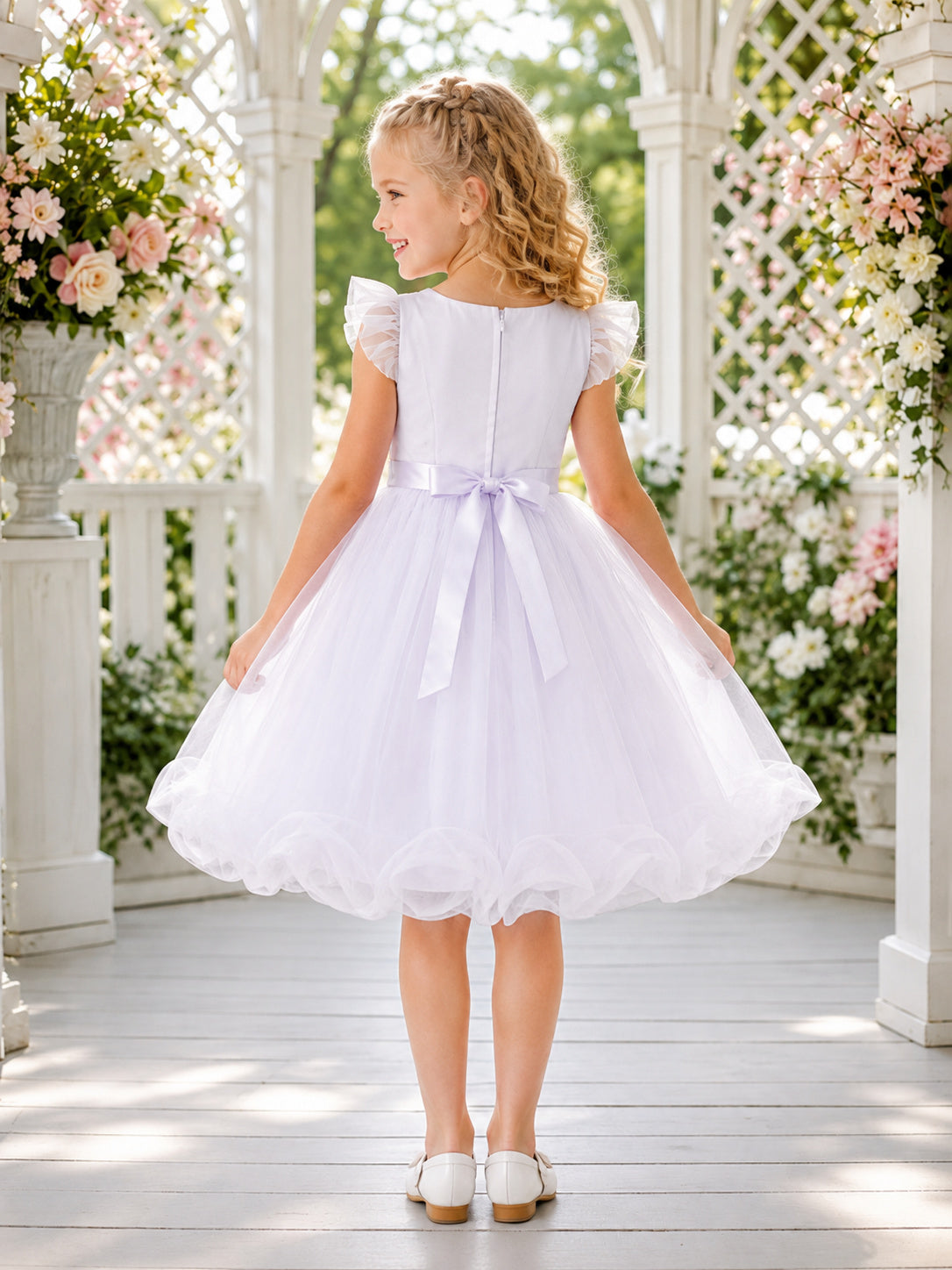 Lavender Bubble Hem A-Line Tulle Flower Girl Dress, Short Sleeve Cap, Square Neck, Tea-Length Garden Party back view
