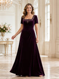 Plum Elegant Floor-Length A-Line Mother of the Bride Velvet Gown with Beaded Scoop Neck and Short Flutter Sleeves front view
