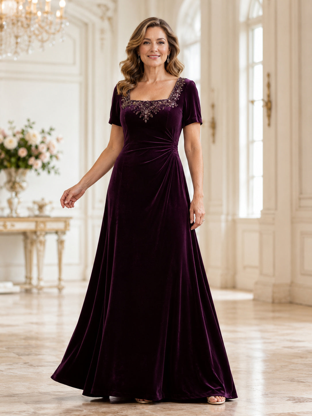 Plum Elegant Floor-Length A-Line Mother of the Bride Velvet Gown with Beaded Scoop Neck and Short Flutter Sleeves front view