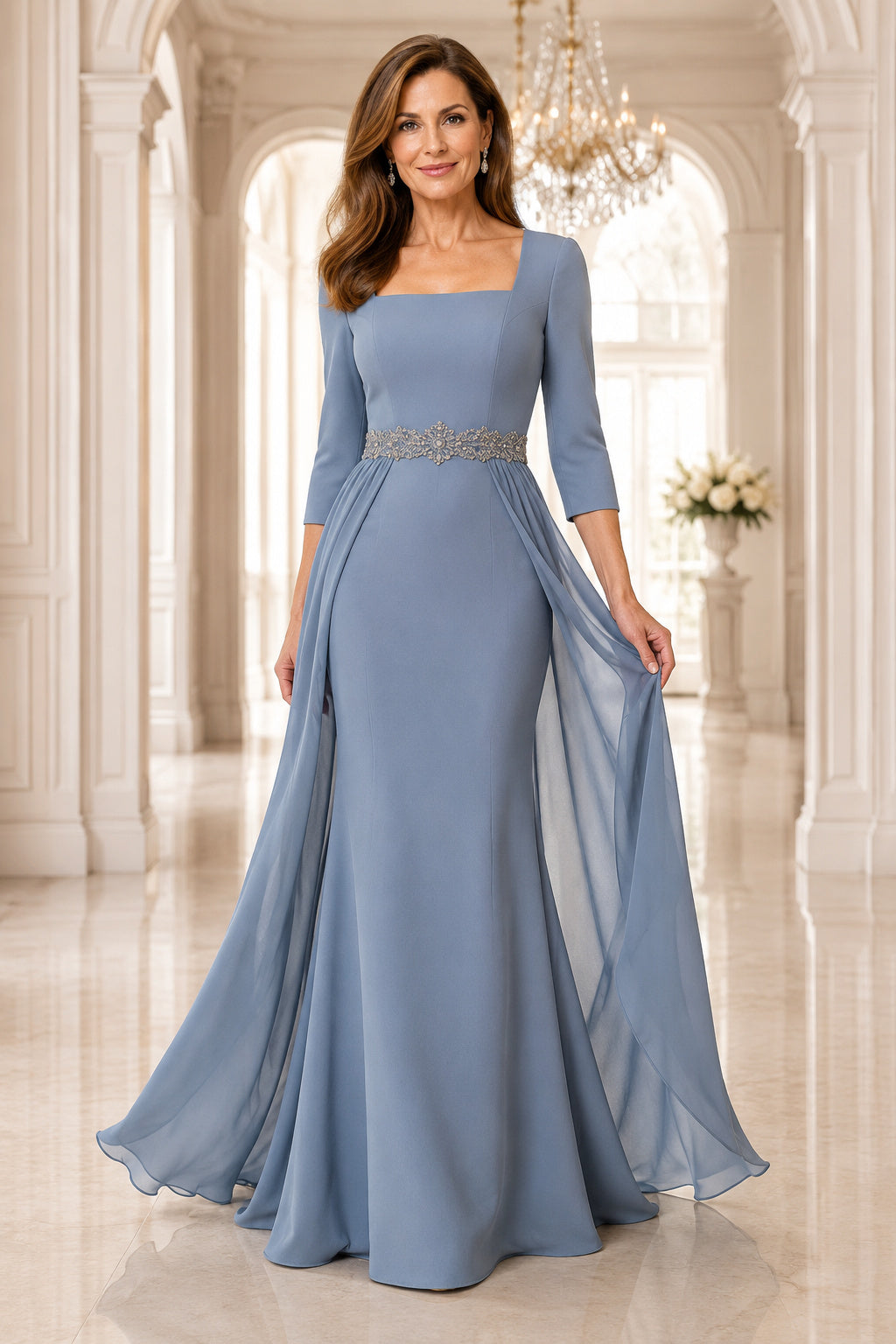 Steel Blue Jewel Neck A-Line Mother Dress with Three Quarter Sleeves and Chiffon Overlay front view