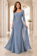 Steel Blue Jewel Neck A-Line Mother Dress with Three Quarter Sleeves and Chiffon Overlay front view