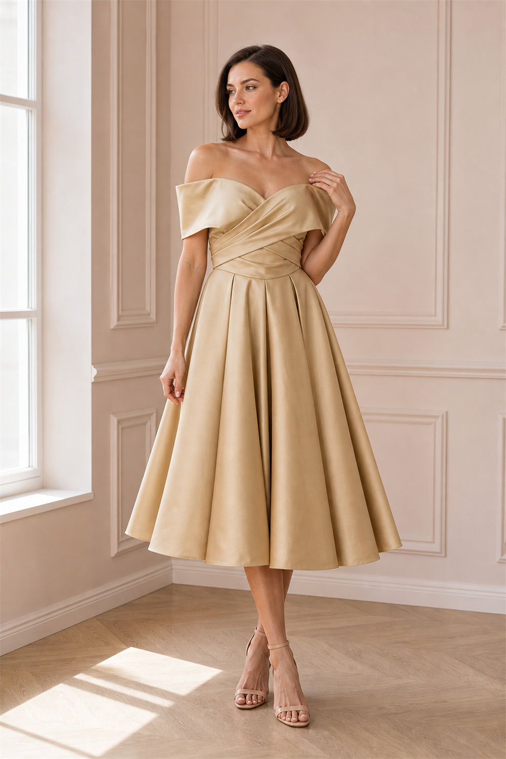 Champagne Off-the-shoulder Off-the-shoulder A-Line Satin Tea-length Dress With Bow and Pleats and Lace-up Back