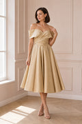 Champagne Off-the-shoulder Off-the-shoulder A-Line Satin Tea-length Dress With Bow and Pleats and Lace-up Back