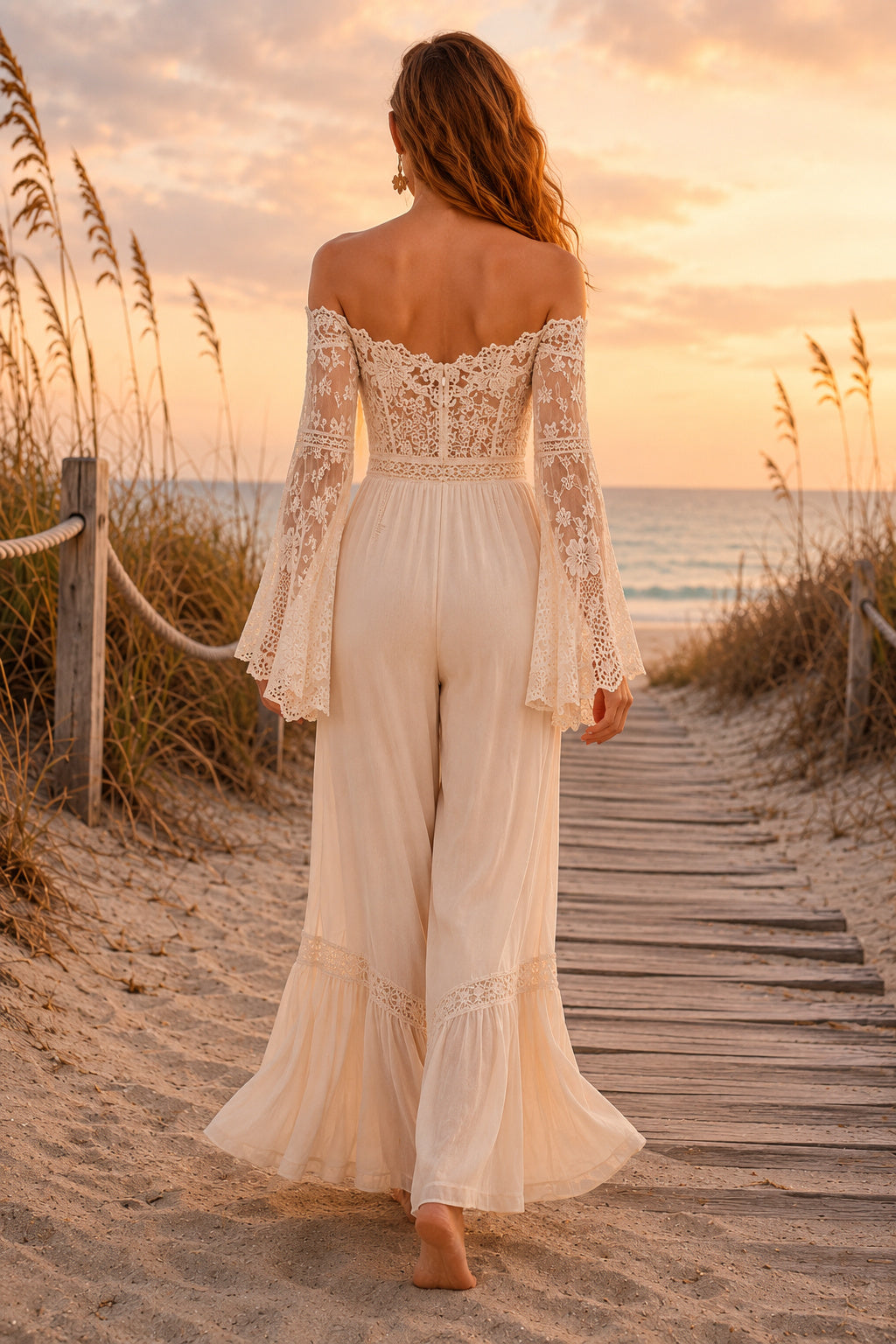 Ivory Off-the-Shoulder Lace Bridal Jumpsuit with Bell Sleeves and Wide Pants back view