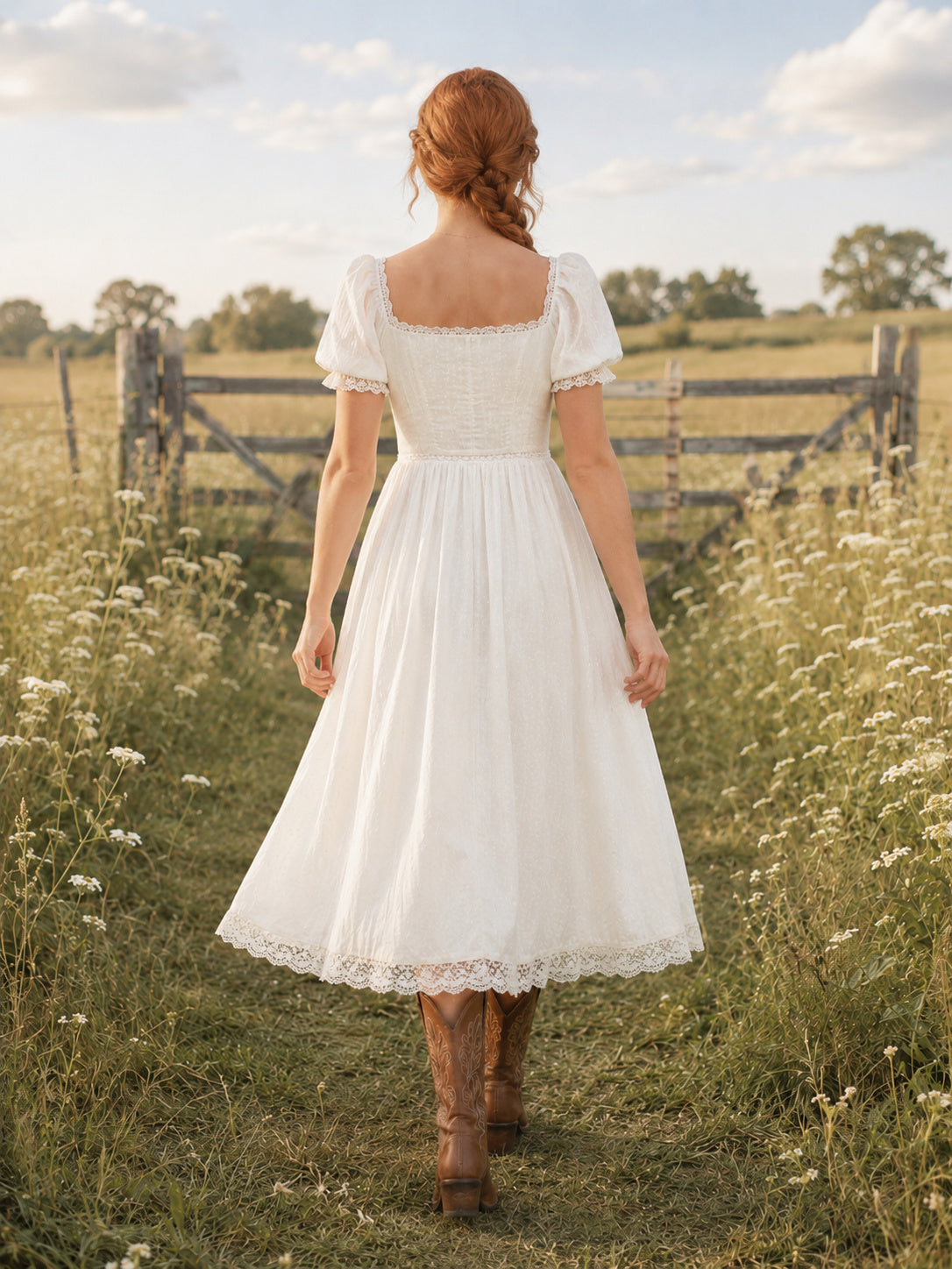Meadow Country Simple Modest Casual A-Line Tulle Chiffon Wedding Dress with Square Neck Short Sleeve Tea-Length back view