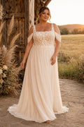 Plus Size Ivory Square Neck Strap Cold-Shoulder Flutter Sleeve Lace Tulle A-Line Wedding Dress with Cold-Shoulder Sleeves and