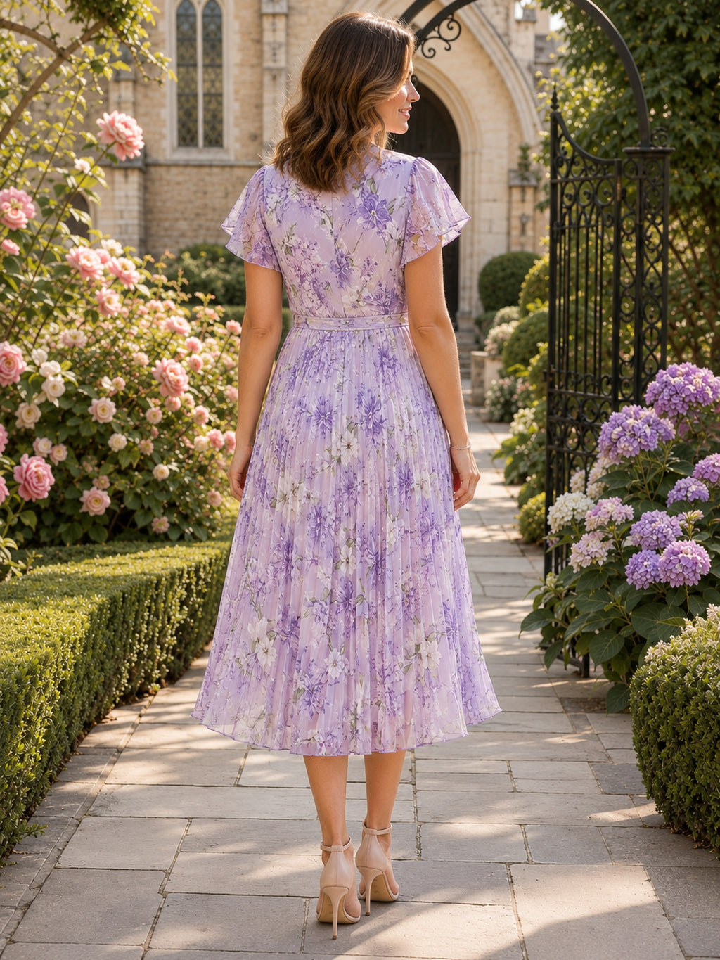 Lavender Floral V Neck Short Sleeve Midi Garden Dress back view