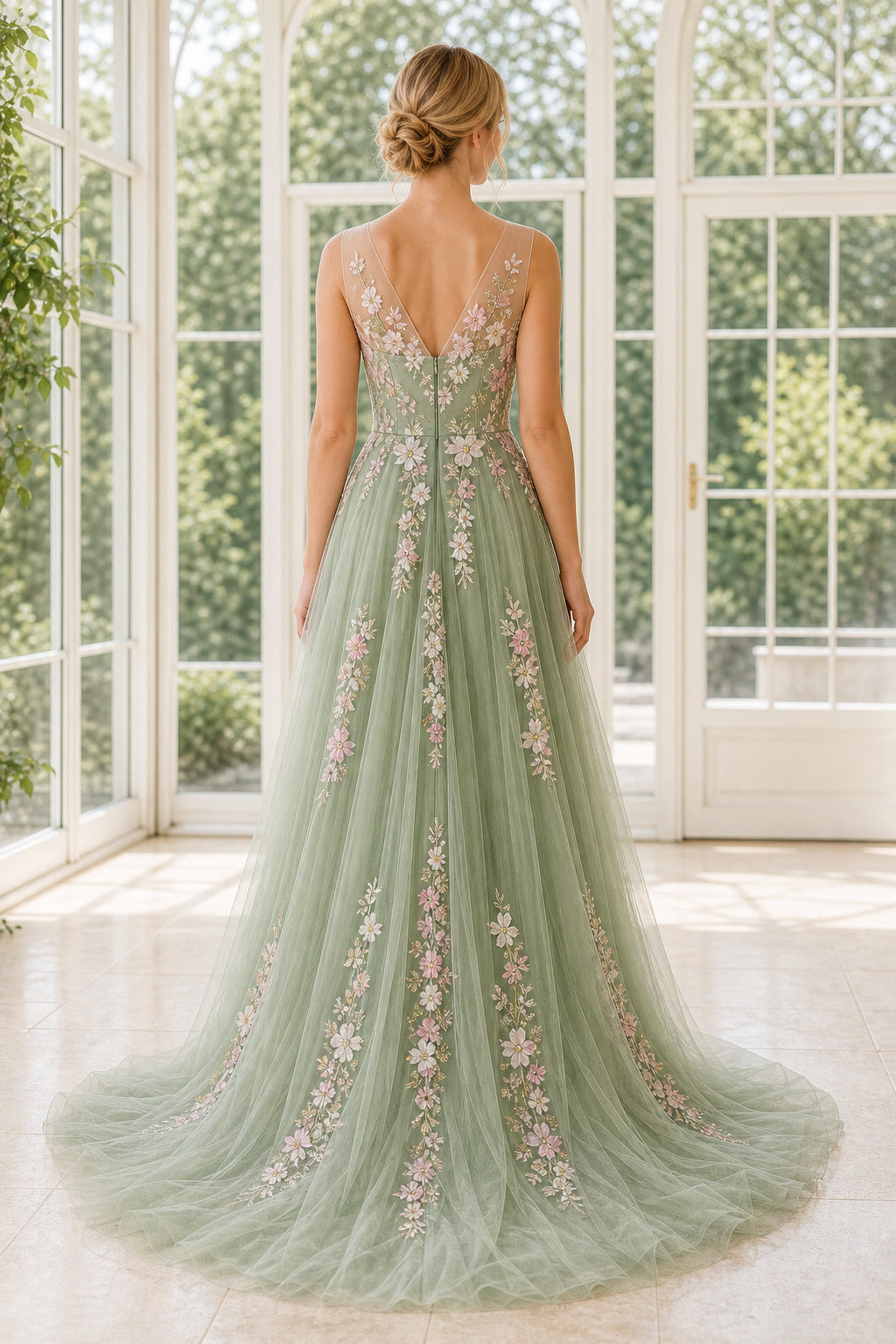 Sage Bateau A-Line Tulle Floor-length Formal Dress With Floral Appliques and Open Back