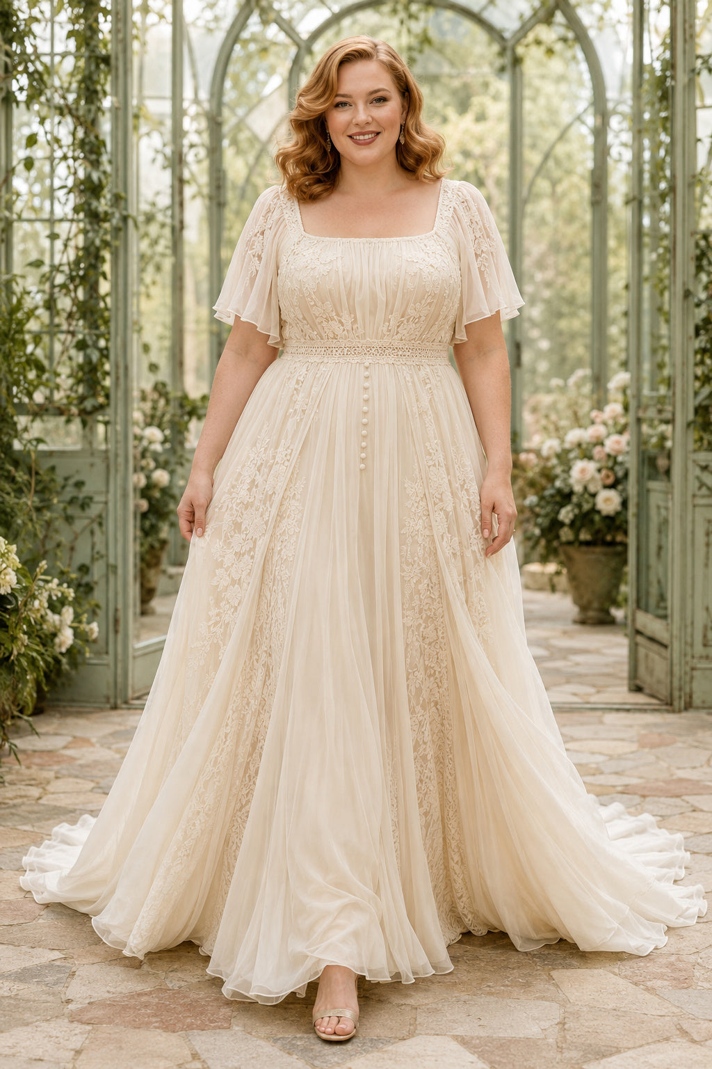 Plus Size Scoop Neck Tulle A-Line Wedding Dress with Short Sleeves front view