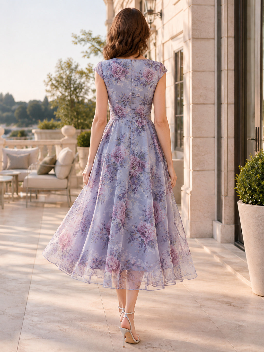 Blue floral organza sleeveless jewel neck tea length occasion dress back view