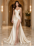 Satin Wedding Dress Sheath Strapless Sweep Train with Slit Low V Back Bridal Gown front view